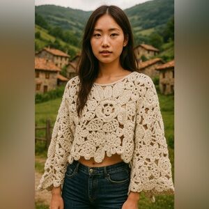 Zara Crochet Knit Chunky Oversized Cream Sweater Top Boho Cottagecore Size M